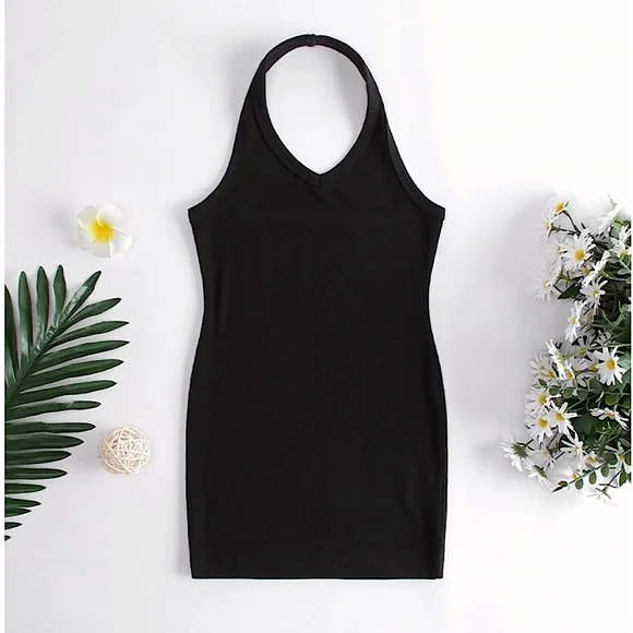 GIRLS HALTER NECK BLACK DRESS - Picture 1 of 4